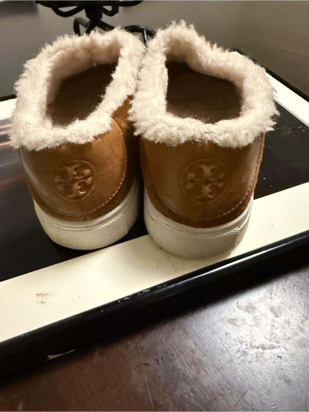 Tory Burch Kids Tan Leather Slip-On Sneakers with Cream Shearling Trim